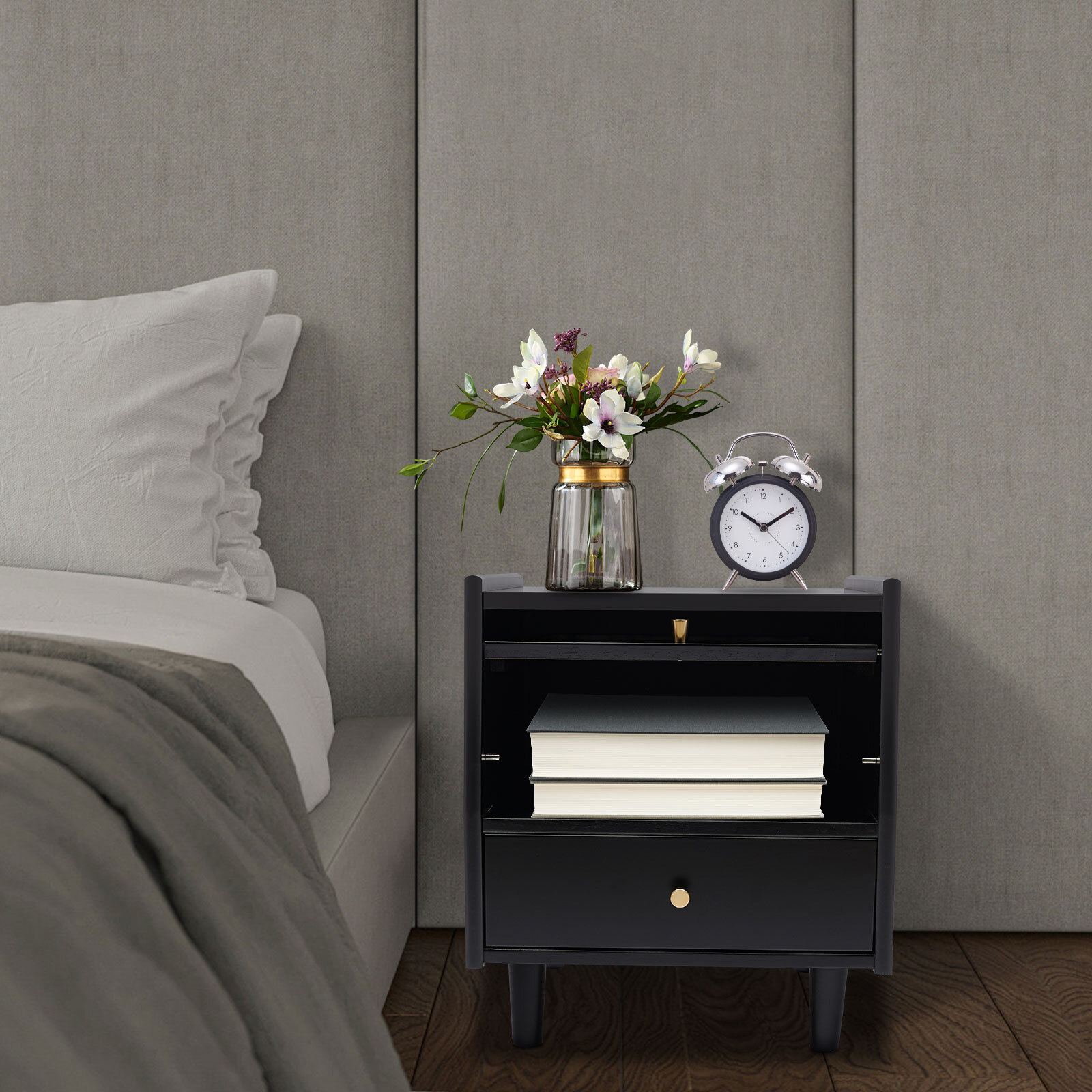 2-Tier Black Bedside Cabinet with Storage Drawer Nightstand End Table 43.5x40x48cm US