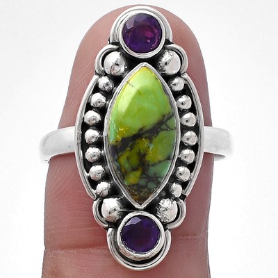 Green Matrix Turquoise & Amethyst 925 Sterling Silver Ring s.9 Jewelry R-1265