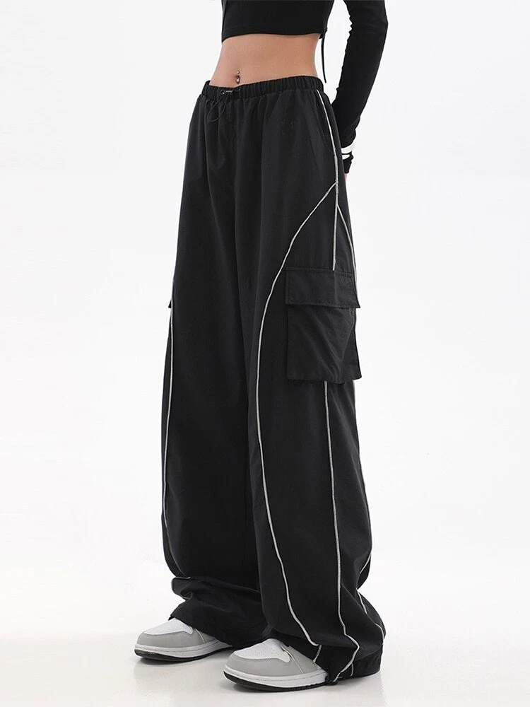 Women Black Streetwear Parachute Track Pants Sweatpants Wide Leg Clothes