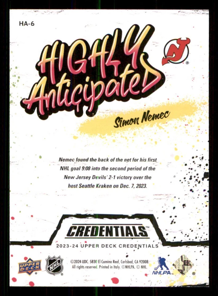 2023-24 Upper Deck Credentials Highly Anticipated #HA6 Simon Nemec - Image 2 of 2