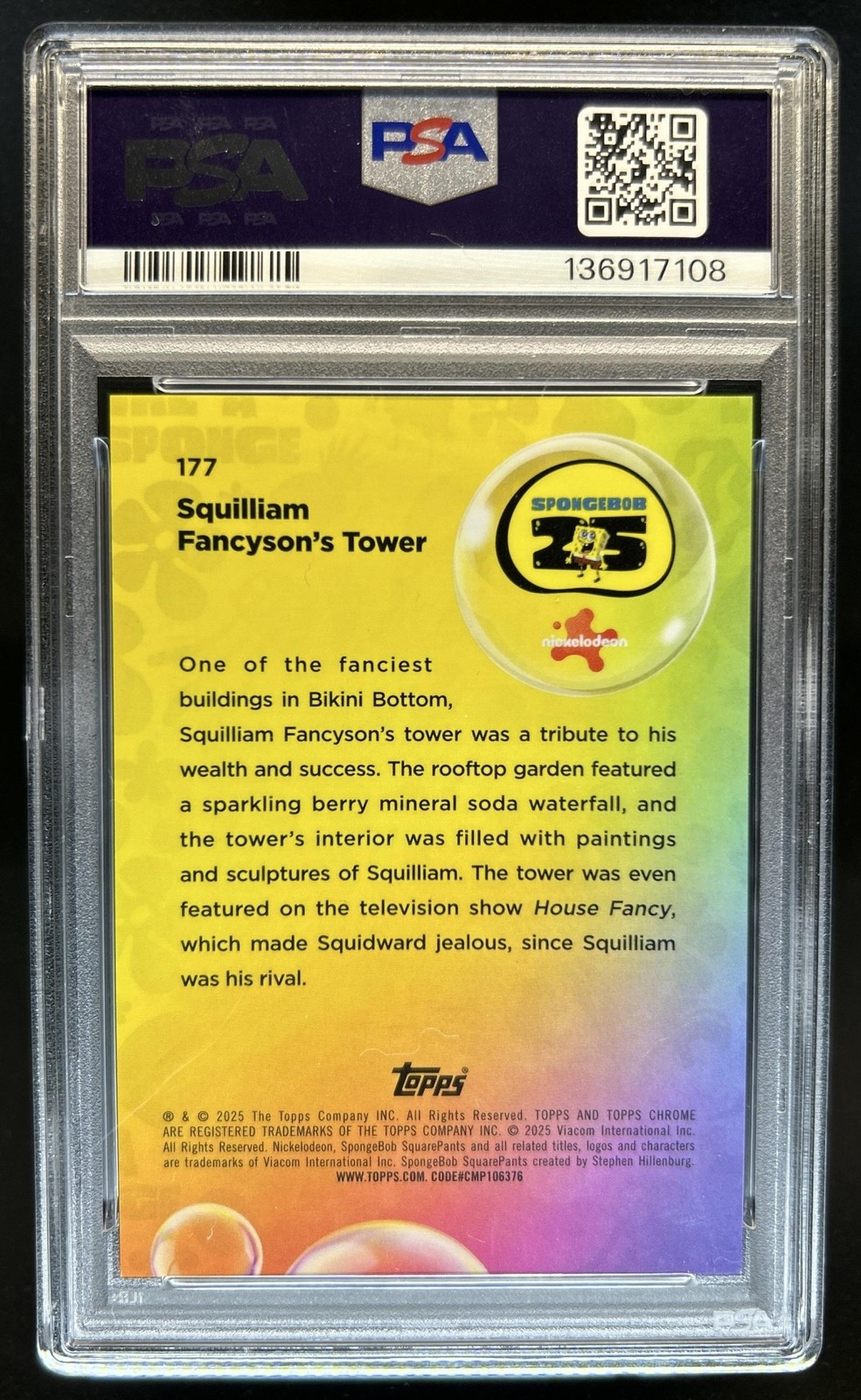 2025 Topps Chrome SpongeBob Squilliam Fancyson's Tower Orange #/25 PSA 9 view 2
