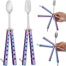 2 Pcs Butterfly Fork and Spoon Set, Tactical Butterfly Spoon Folding Stainless S