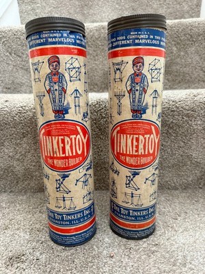 Two Tinkertoy The Wonder Builder tins with wooden spools, rods & instructions