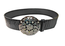 Vintage Size S Black Leather Wide Belt w/ Filigree Rhinestone Embellished Buckle