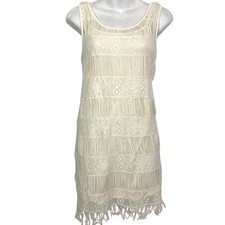 American Eagle Womens Lined Boho Ivory Crochet Fringe Dress Sleeveless Mini XS