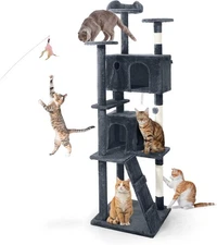 CAPHAUS Cat Tower for Indoor w/Cat Wand Toy, Modern Cute 74-Inch Cat Tree w/Wid