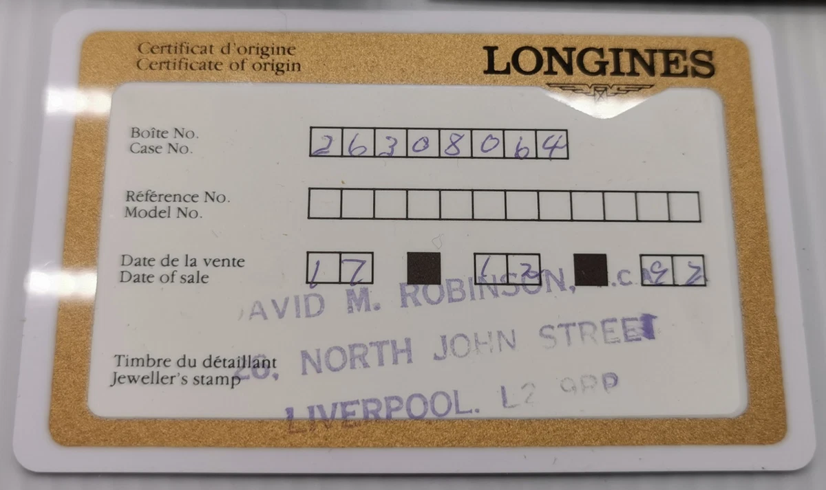 Tarjeta de garantía Longines 1992 de colección, folleto de instrucciones de servicio y funda