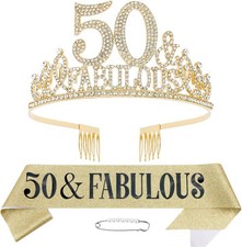 50th Birthday Decorations - Sash, Tiara Crown for Fabulous Women - Happy 50th