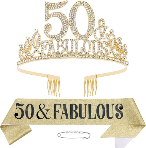 50th Birthday Decorations - Sash, Tiara & Crown for Fabulous Women - Happy 50th