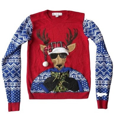 Jolly Sweaters Women Sweatshirt S Red Fair Isle Reindeer Sunglasses Christmas