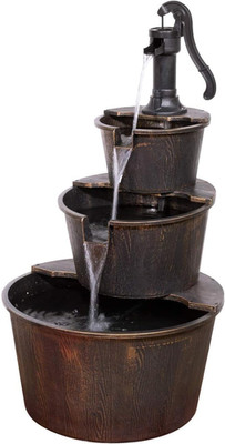 Alpine Corporation 40'' Tall Outdoor Floor Tiered Rustic Pump and Barrel Water Fo