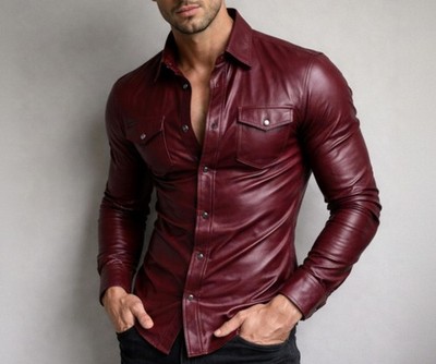 New Men's Burgundy Leather Shirt| Genuine Soft Sheepskin leather Biker Shirt M.
