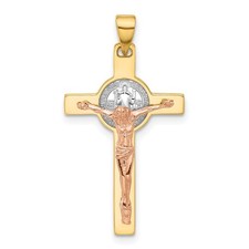 14K Two-tone with White Rhodium Crucifix and St Benedict Pendant