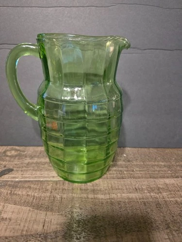 Vintage Anchor Hocking Green Uranium  Block Optic Glass Pitcher 8"