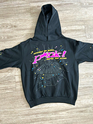 sp5der Men s M Black Cotton Pullover Hoodie Spider Web Stars Graphic Pocket