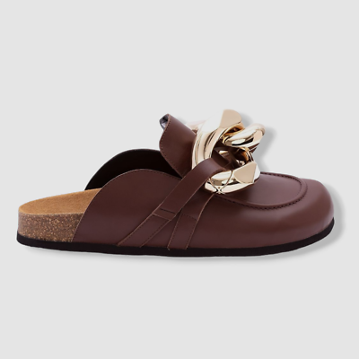 $750 JW Anderson Women's Brown Leather Chain Mule Loafers Shoes