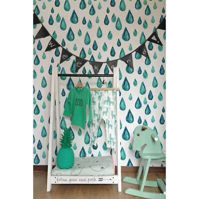 Non-Woven wallpaper Home Turquoise raindrops Watercolor teardrops for kids room