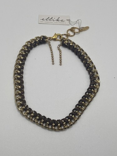 Collana catena Ettika placcata oro 18 kt con tessuto in pelle marrone nuova con etichetta. - Foto 3 di 5