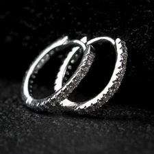 Men's White Gold Plated 925 Sterling Silver Iced CZ Thin Huggie Hoop Earrings