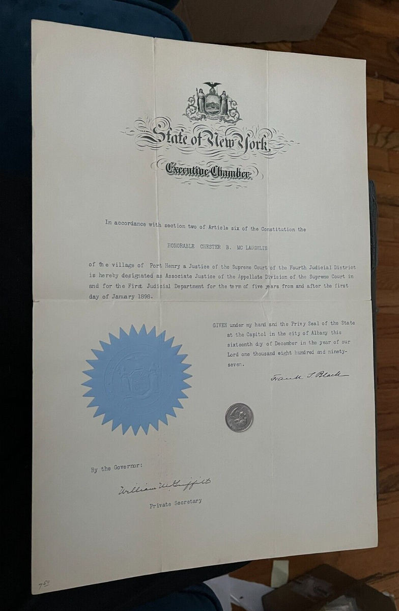 1898 NY SIGNED GOVERNOR BLACK APPOINT CHESTER MCLAUGHLIN SUPREME