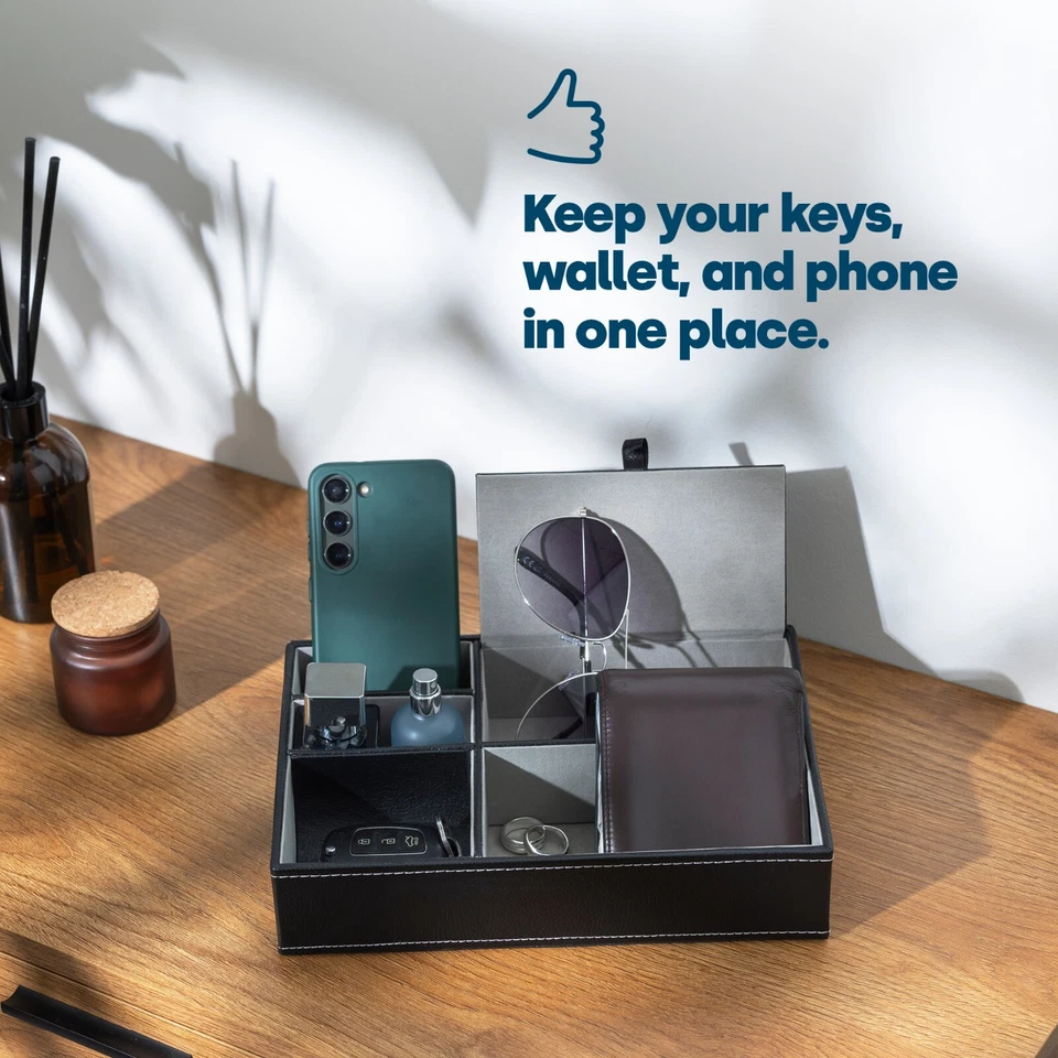 5 Compartment Storage Box Leather Valet Textured Tray Organiser Wallet Jewellery - Image 3 of 4