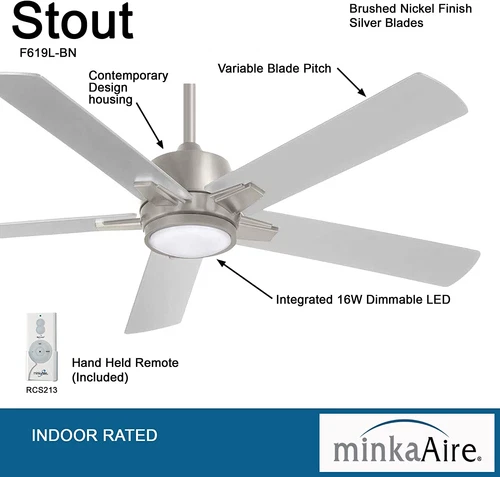 F619L-BN Stout 54" Ceiling Fan with LED Light and Remote Control in Brushed Nick - Picture 3 of 9