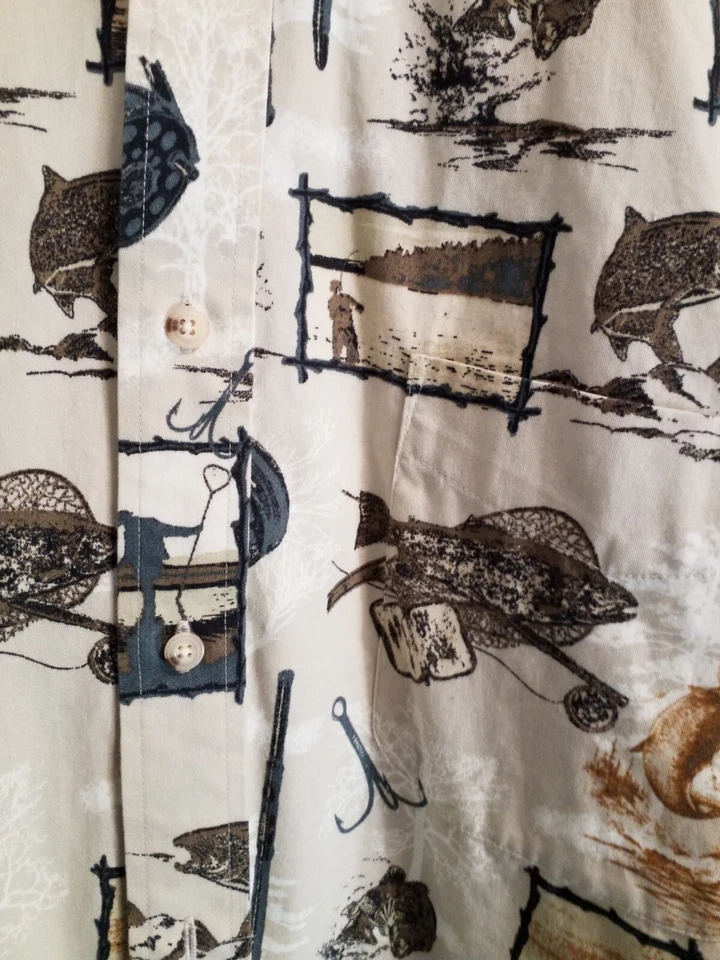 Рубашка на пуговицах повседневная мужская Natural Issue с рыбьим принтом для улицы хлопок размер XL желтовато-коричневая - Изображение 2 из 3