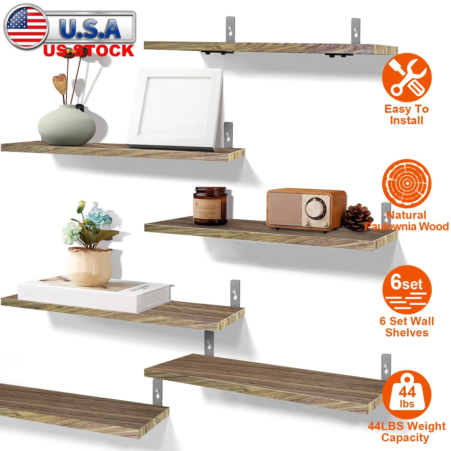 6PCS Set Floating Shelves Wall Mounted Wood Display Storage Shelves Home Office