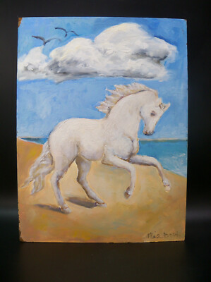 White Camargue Horse Casien Oil on Board Painting by Mia Dovi Provence France