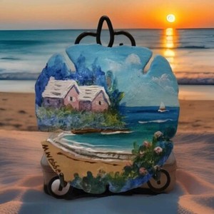 Handpainted Sand Dollar Bay Scene Pink Roses 5"×5" Easel Included