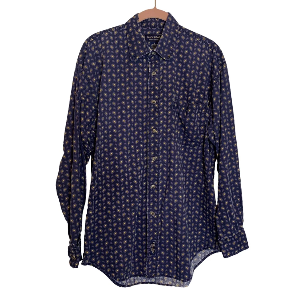 Camisa Cabeza de Pato Para Hombre Mediana Azul Abotonada Manga Larga Logo Bolsillo Foto 4 de 4