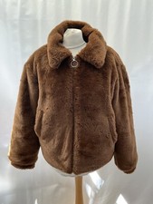 Faux Fur Jacket Me Jane Size S Brown Long Sleeve Zip Up High Neck Polyester