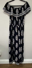KORI America Womens Navy Off the Shoulder Maxi Paisley Dress Large Elastic Waist