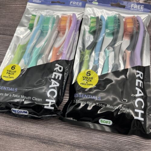 12 Pack REACH Essentials Toothbrush w/ Covers Soft / Medium Bristles BRAND NEW - Picture 4 of 5
