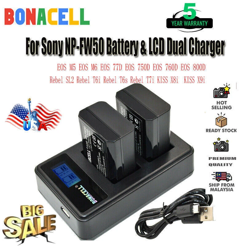 2pack Battery + Charger NP-FW50 For Sony NEX3 NEX5 NEX7 SLT-A55 RX10 II A5000 - Image 2 of 4