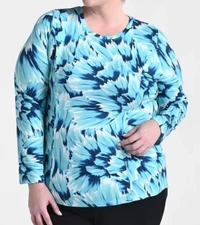 CJ Banks Size 1X Abstract Print knit top, long sleeve, Turquoise, Navy  NWT