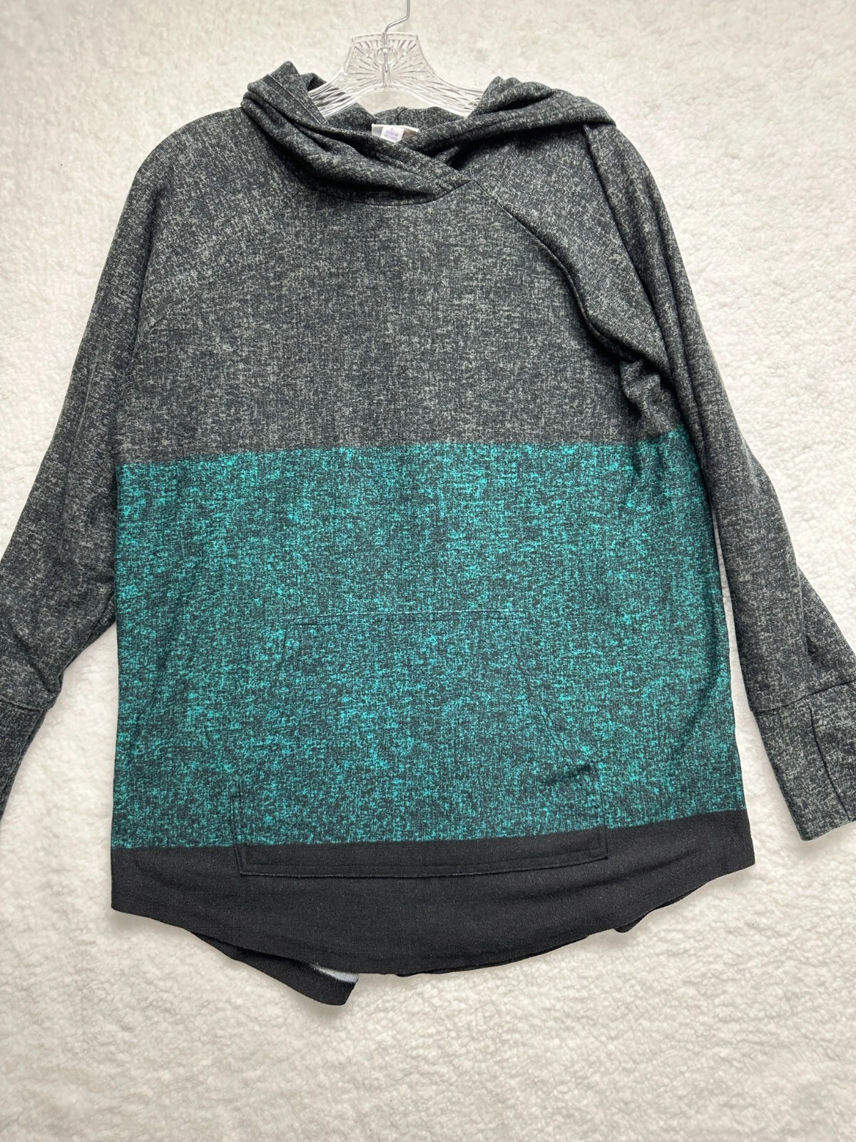 LuLaRoe Hoodie Women’s Large Amber, Light Weight Grey/Green Heathered Colorblock