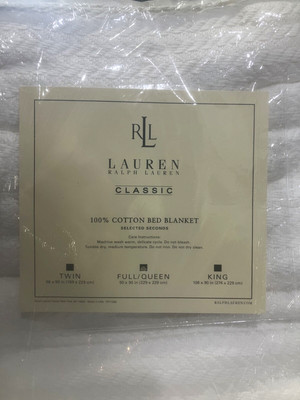 Ralph Lauren Classic Full / Queen 100% Cotton True White Blanket 90'' x 90''  NEW