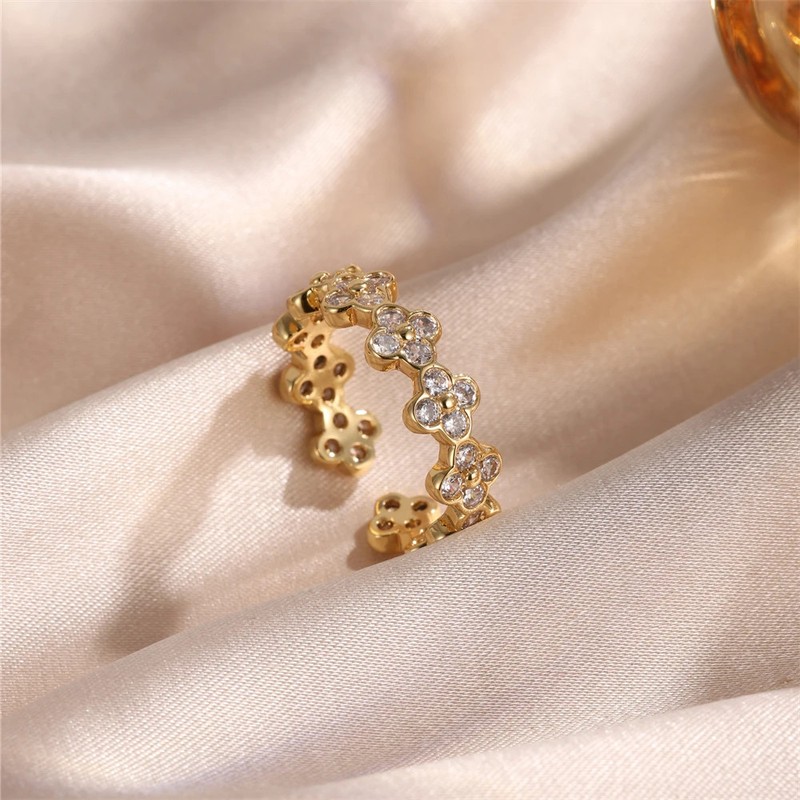 Gold Plated Flower Ring Simulated Prong Open Band Women Daily Wear - Product main view
