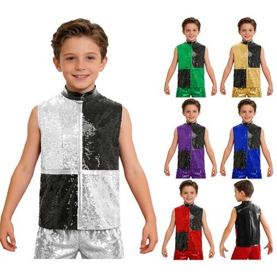 US Boys Color Block Tops Sequin Waistcoat Jazz Dance Performance Sparkle Shirt