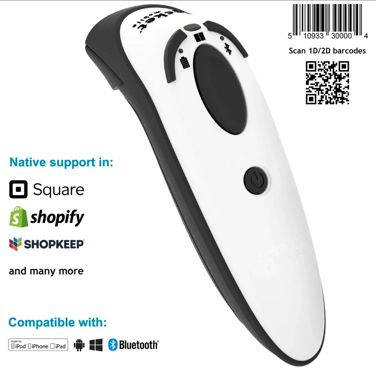 Socket Mobile DuraScan D750 Bluetooth Barcode Scanner Open Box White