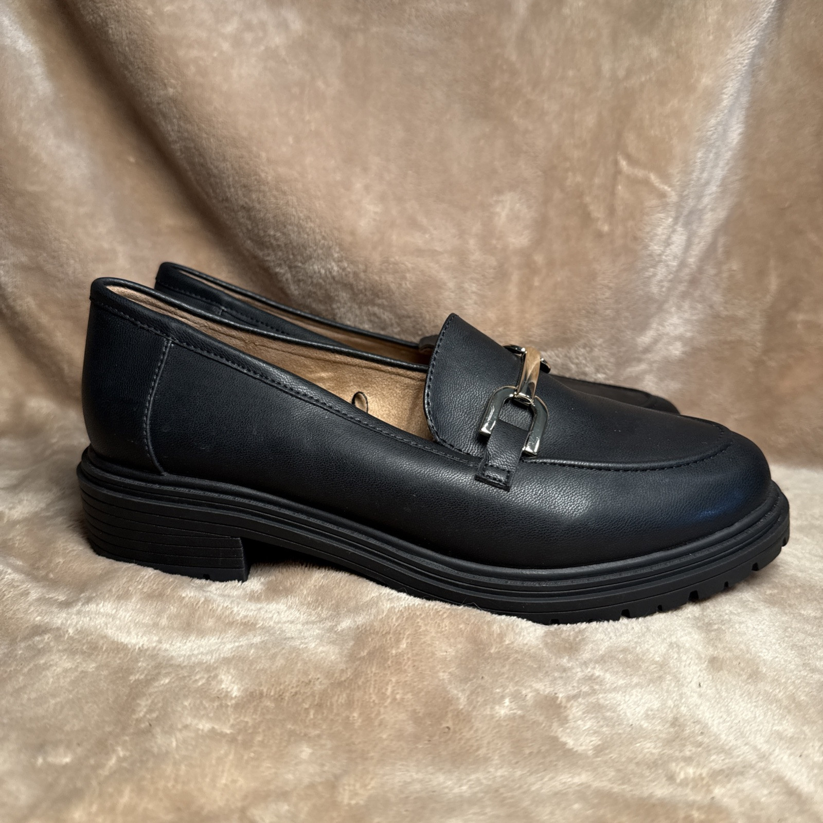 SAOLA Scarpe mocassini slip on Rachel Zoe Mila neri vegani suola argento morso di cavallo 9 m