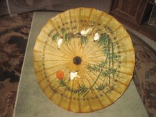 Vtg Hand Painted Japanese Chinese Bamboo Rice Paper Wood Umbrella Parasol 33 Wd.