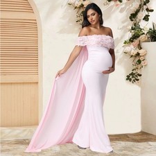 Maternity Floral off Shoulder Dress Mesh Cloak Maxi Party Gown for Baby Shower
