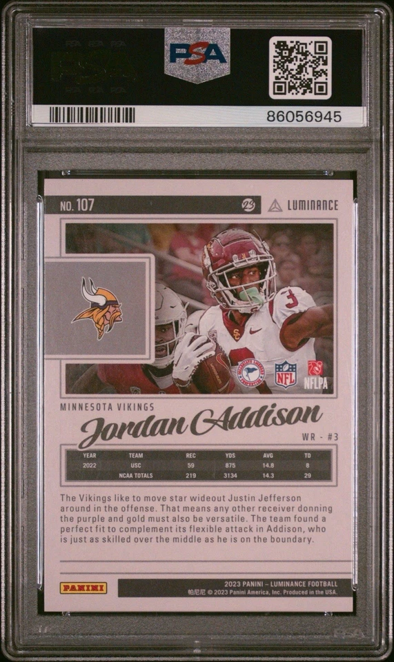PSA 10 2023 Panini Luminance Jordan Addison RC Red #03/25 NUMBER MATCH! VIKINGS! - Image 3 of 3