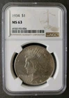 1934 $1 Peace Silver Dollar NGC MS63