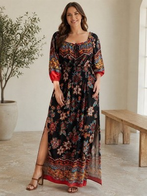 En Focus Women 14W Black Floral Maxi Dress  Stretch