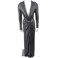 Katie May In A Mood Dress Gown NEW Deep V Women Large Metallic Silver Glam Party