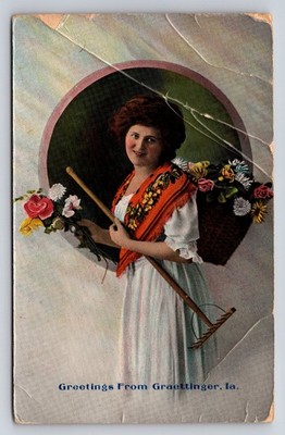 Vintage Postcard: Greetings From Graettinger, Iowa - Woman w/ Flowers, Rake 1911