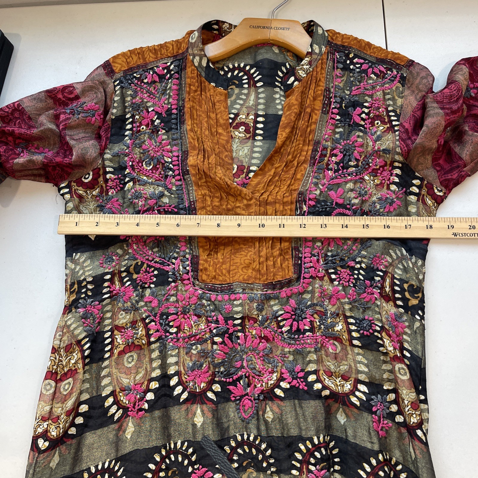 Embroidered Tunic Boho Artsy Sheer Shimmer Blouse Top Fall Global Travel Floral